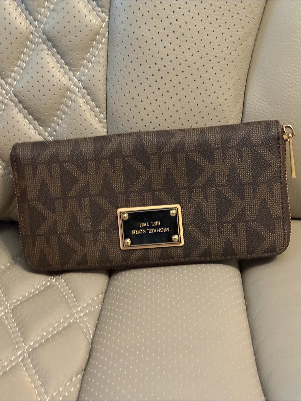 Michael Kors Brown Signature Zip Continental Wallet with Gold Plate